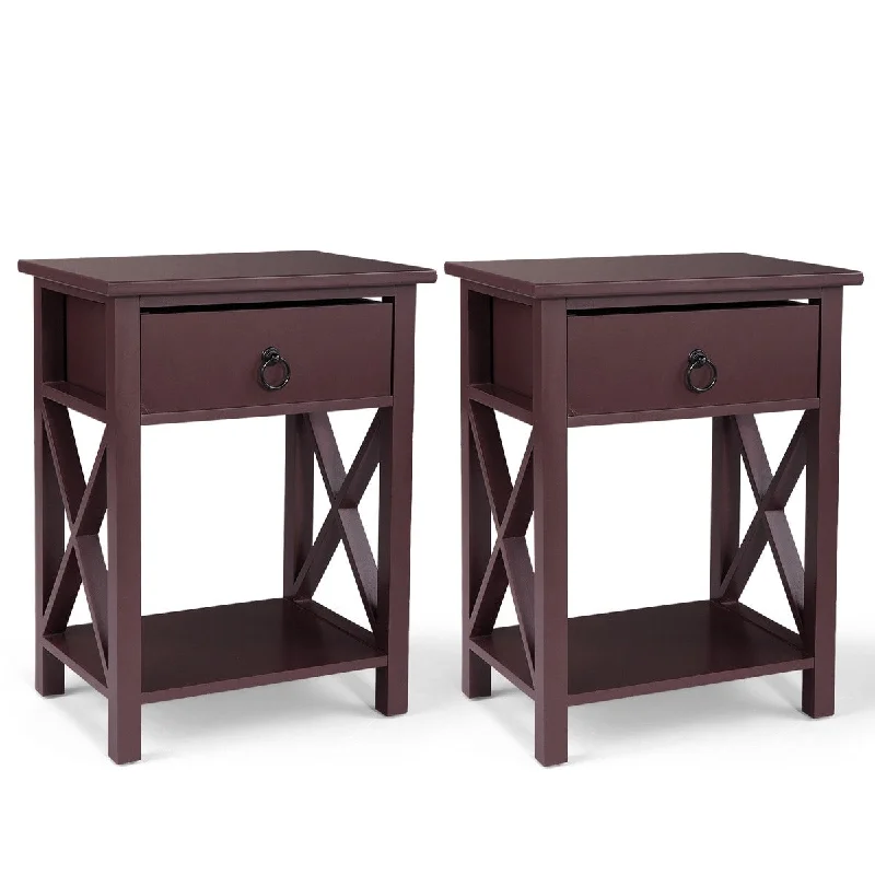 Brown Wooden Nightstand Set of 2 with X-Shaped Sofa Side Table - Modern End Table for Bedroom and Living Room