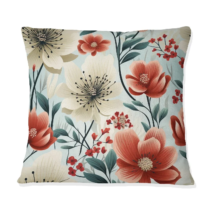 Designart "Blue & Red Coastal Elegance Floral Pattern I" Floral Printed Throw Pillow