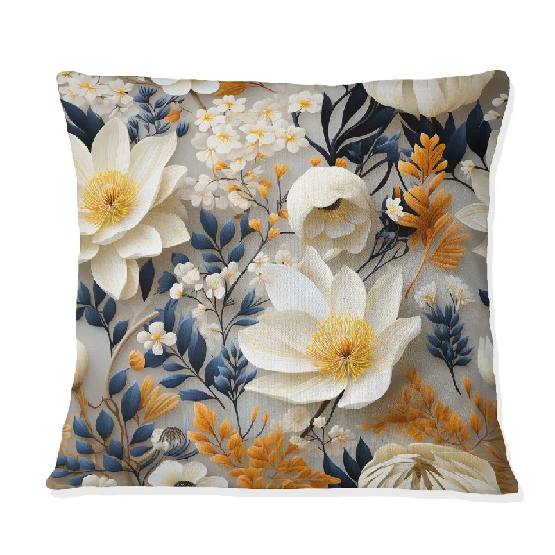 Designart "Dark Blue And White Allure Daffodil Pattern" Floral Printed Throw Pillow