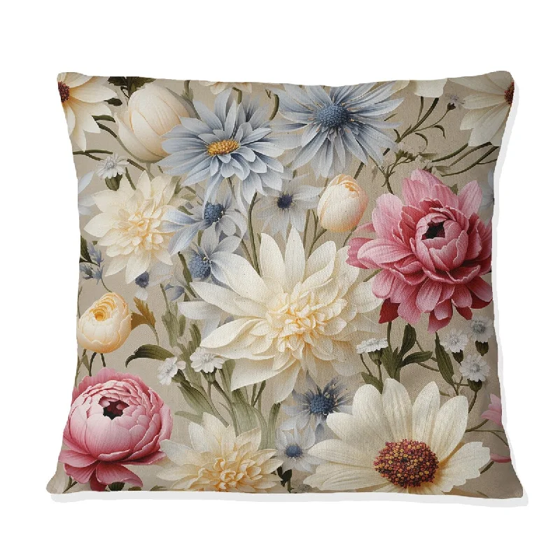 Designart "Ivory English Countryside Floral Pattern" Floral Printed Throw Pillow