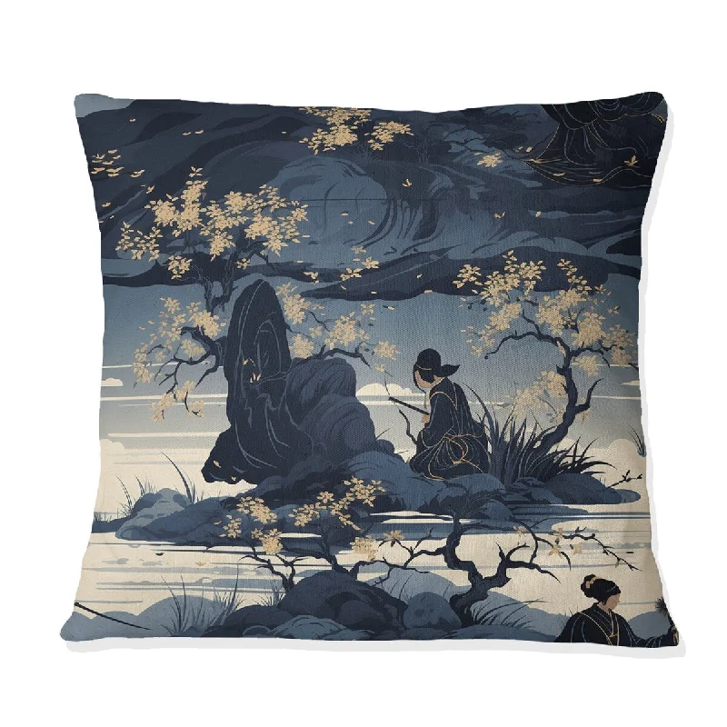 Designart "Japan Blue Samurai Silhouettes" Japanese Printed Throw Pillow