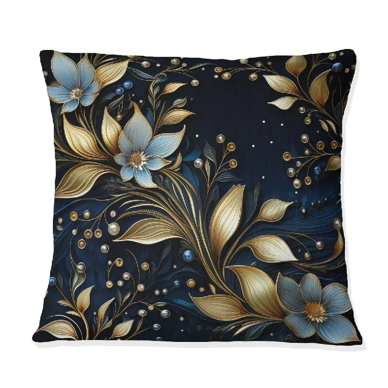 Designart "Midnight Blue And Golden Floral Marble Pattern III" Marble Printed Throw Pillow