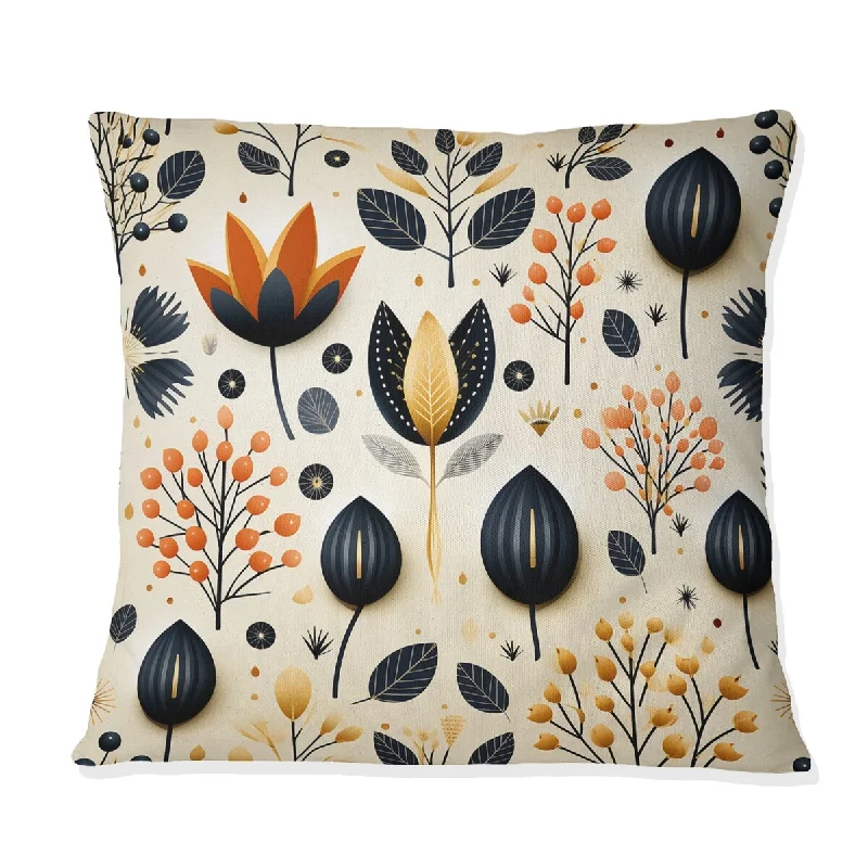 Designart "Nordic Noir And Beige Simplicity Floral Grace" Floral Printed Throw Pillow