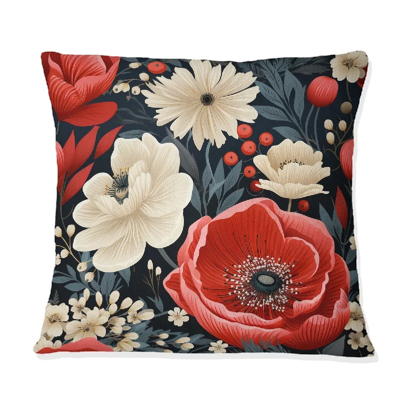 Designart "Vintage Coral Poppy Flourish Gardens" Floral Printed Throw Pillow