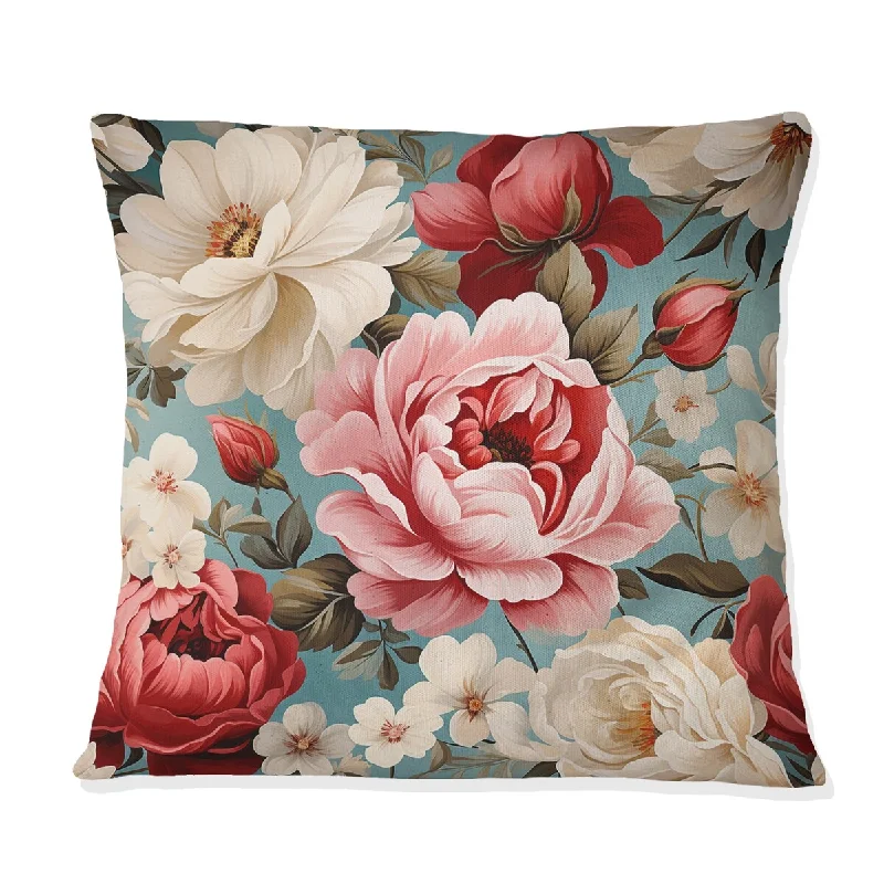 Designart "Vintage Pink And Blue Rose Floral Pattern" Floral Printed Throw Pillow