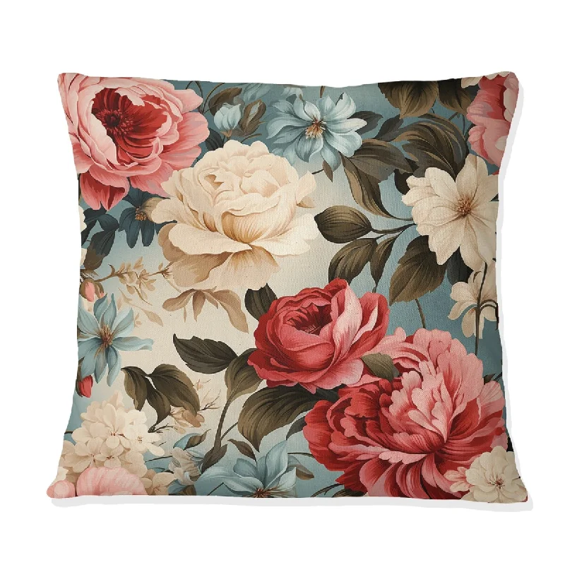 Designart "Vintage Pink And Blue Rose Floral Pattern I" Floral Printed Throw Pillow