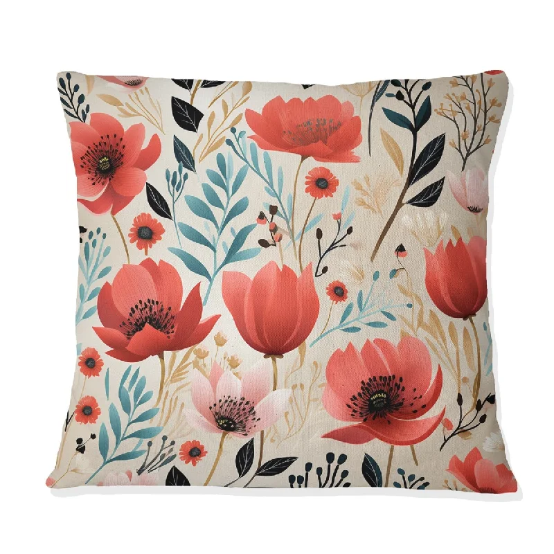 Designart "Watercolor Poppies Red And White Floral Pattern I" Floral Printed Throw Pillow