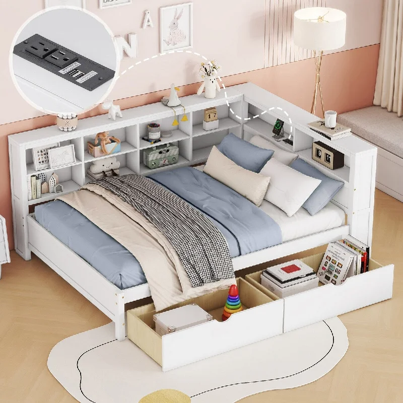 Full Size Daybed with 2 Drawers, Wooden Daybed Frame with Storage Shelf and USB Charging Ports for Kids Boys, White