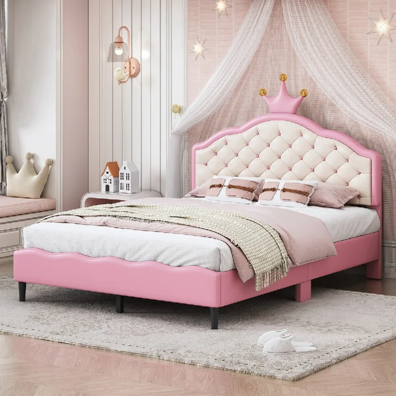 Full Size Lovely Crown Fantasy PU Leather Princess Bed with Tufted Headboard, Platform Bed Frame with Wood Slat Support, Pink