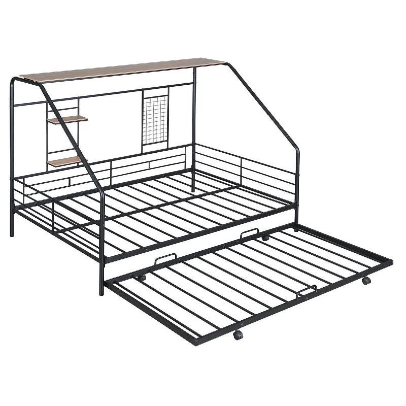 Full Size Metal House Bed with Trundle, Built-in Shelf and Grid, Black