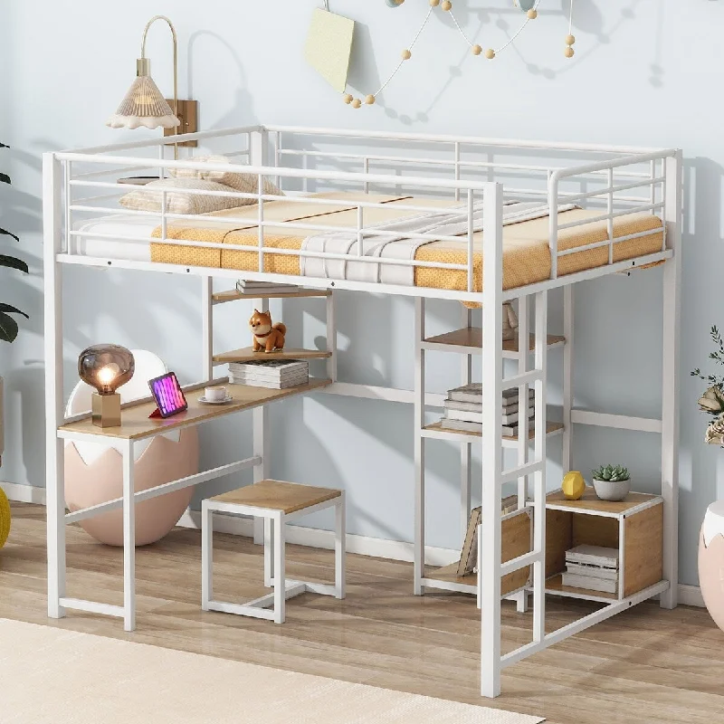 Full Size Metal Loft Bed Frame with Desk & Stool, Kids Loft Bed with Open Storage Shelves & Cabinet, Safety Guardrail and Ladder