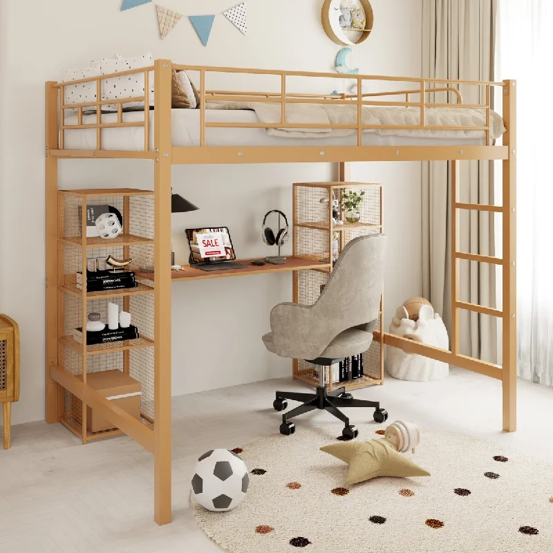 Full Size Metal Loft Bed with Built-in Desk & Shelves, Kids Loft Bed Frame with Guardrails and Ladder for Kids Teen Girls Boys