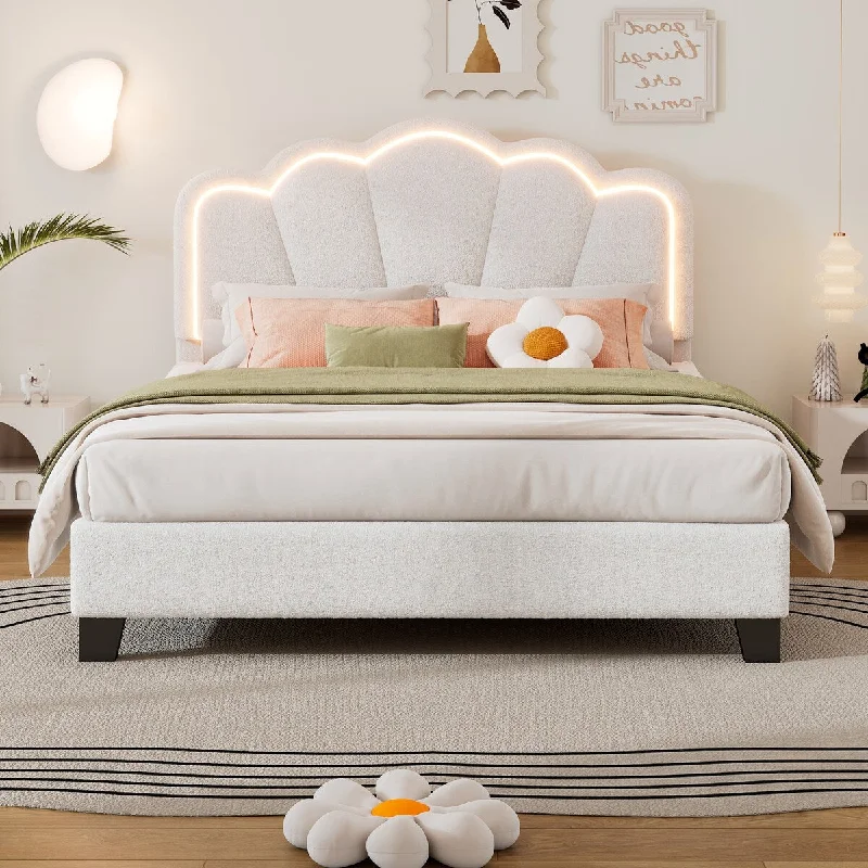 Full Size Upholstered Flower-Shape Bed with LED Light Strip, Sherpa Fabric Platform Bed with Wooden Slats Support, White