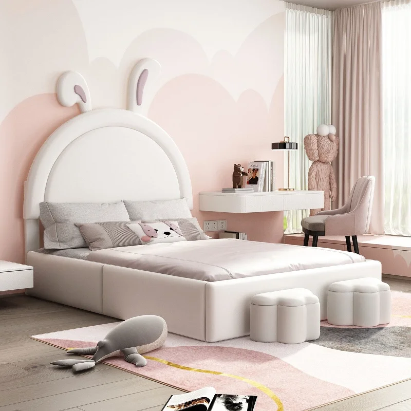 Full Size Velvet Upholstered Bed with Rabbit Ears Shaped Headboard, Kids Cute Bed Frame, Platform Bed w/2 Storage Stools, White