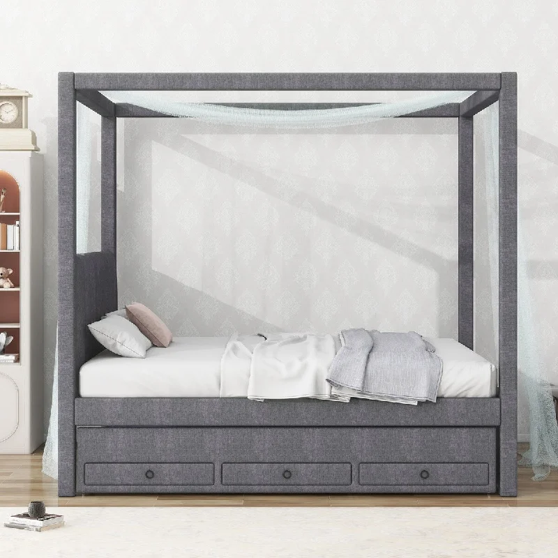 Full Size Wood Canopy Bed Frame with Trundle & 3 Storage Drawers, Gray