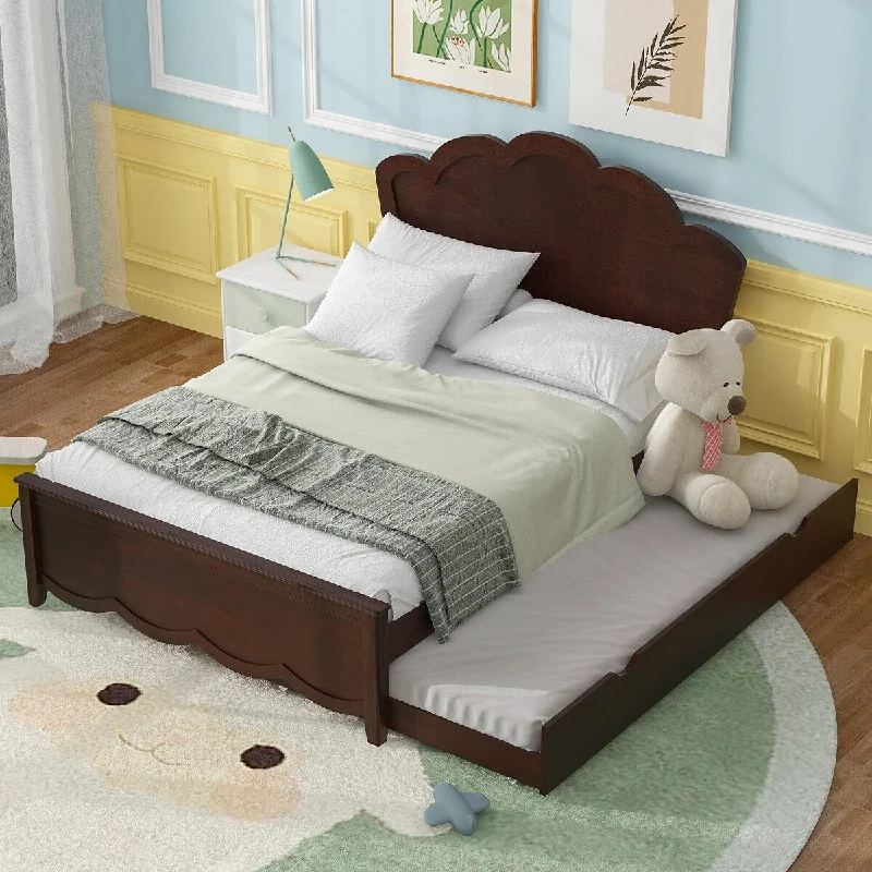 Full Size Wooden Bed with Elegant Curves Headboard, Platform Bed with Twin Size Trundle, Cappuccino