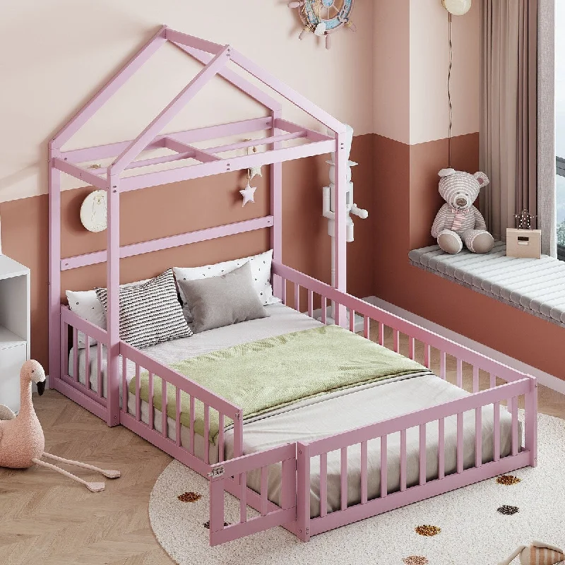 Full Size Wooden Floor Bed with Fence Railings & Detachable House Shape Headboard, Kids Montessori Bed Frame for Girls Boys,Pink