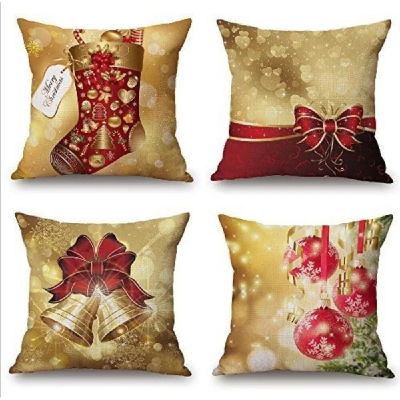 Gold Christmas Bows & Bells Pillow Case 18 x 18 (set of 4)