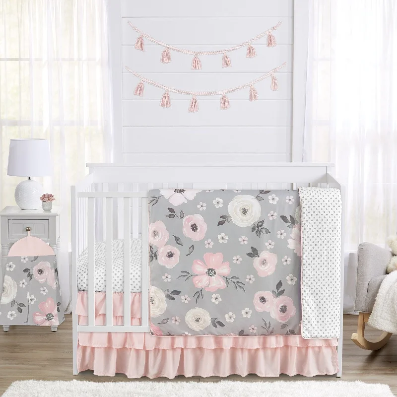 Grey Watercolor Floral Girl 4pc Nursery Crib Bedding Set - Blush Pink Gray White Shabby Chic Rose Flower Polka Dot Farmhouse