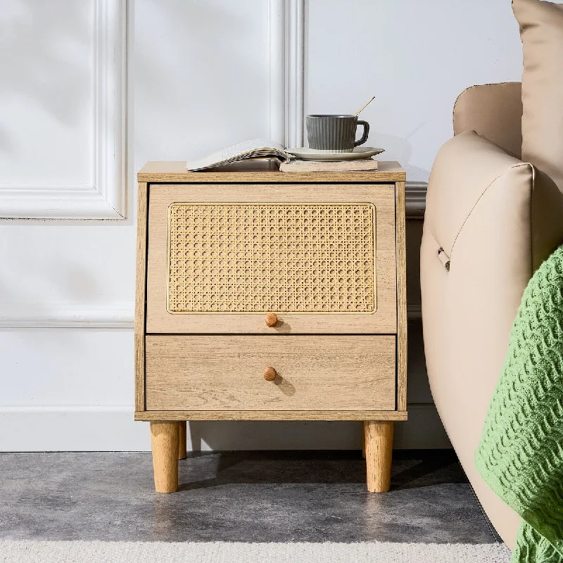 Japanese Style MDF Wood Bedside Cabinet with Imitation Rattan Door - Modern & Elegant Furniture with 2 Drawers