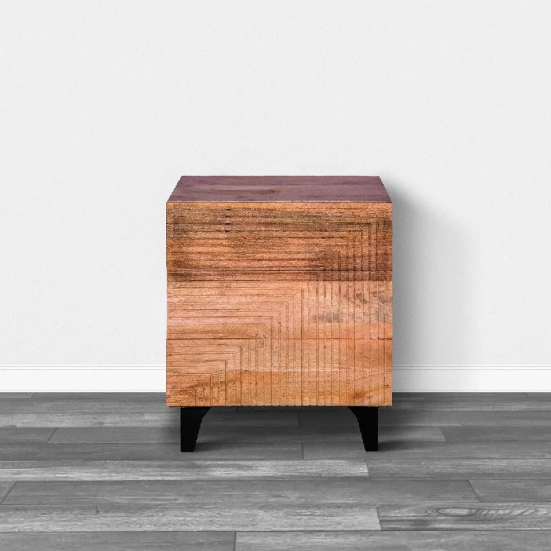 Kai 30.5 Inch Mango Wood Nightstand Chest Cabinet with 3 Drawers and Embossed Geometric Design, Natural Brown