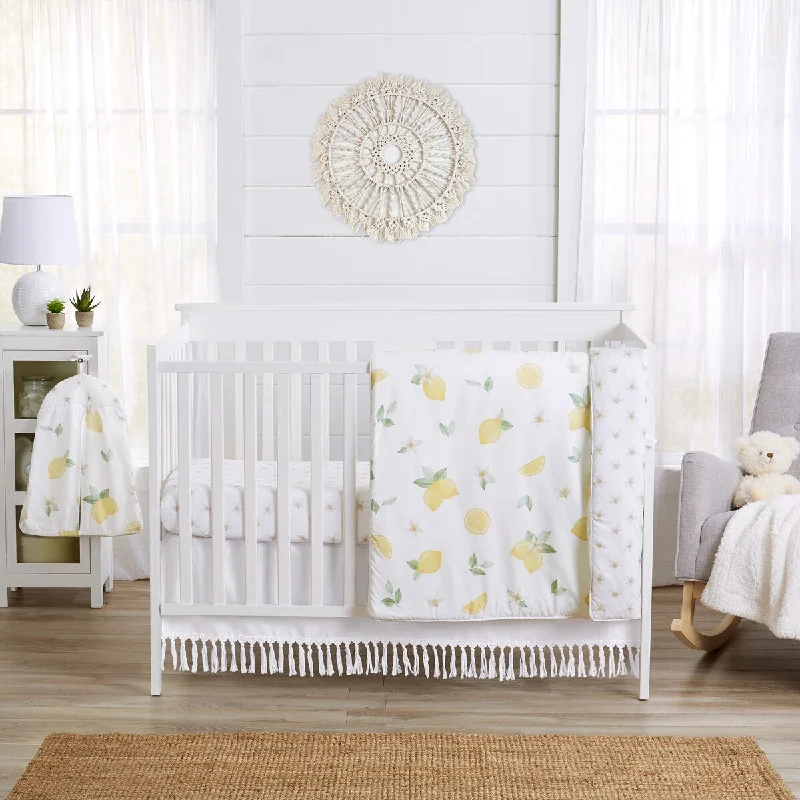 Lemon Floral Girl 4-piece Nursery Crib Bedding Set - Yellow Green White Watercolor Boho Bohemian Farmhouse Fruit Flower Blossom