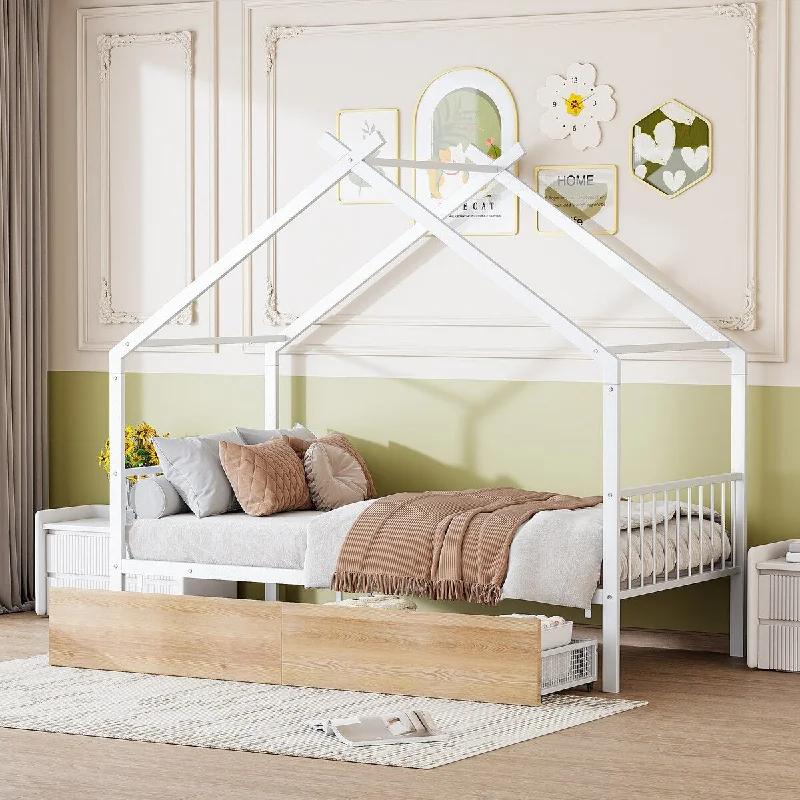 Metal House Daybed, Platform Bedframe with Roof for Kids, Boys, Girls, No Box Spring Needed