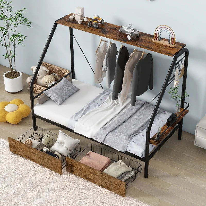 Metal Platform Bed Frame with Hanger Rack & Storage Shelves, Bed Frame with 2 Storage Drawers, No Box Spring Needed