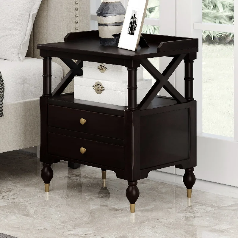 Modern Black Cherry Colored Bedside Table with Double Drawers and Open Shelf, Suitable for Bedrooms