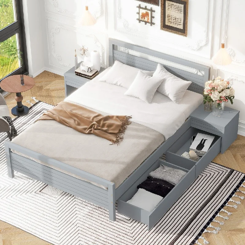 Modern Full Size Wooden Bed with 2 Storage Drawers, Platform Bed with 2 Bedside Tables, Gray