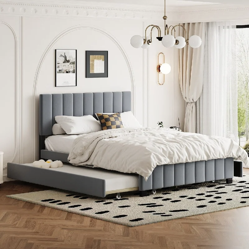 Modern Queen Size Velvet Upholstered Platform Bed with 2 Drawers and 1 Twin XL Trundle, Gray