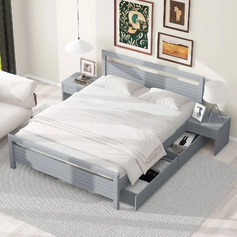 Modern Queen Size Wooden Bed with 2 Storage Drawers, Platform Bed with 2 Bedside Tables, Gray