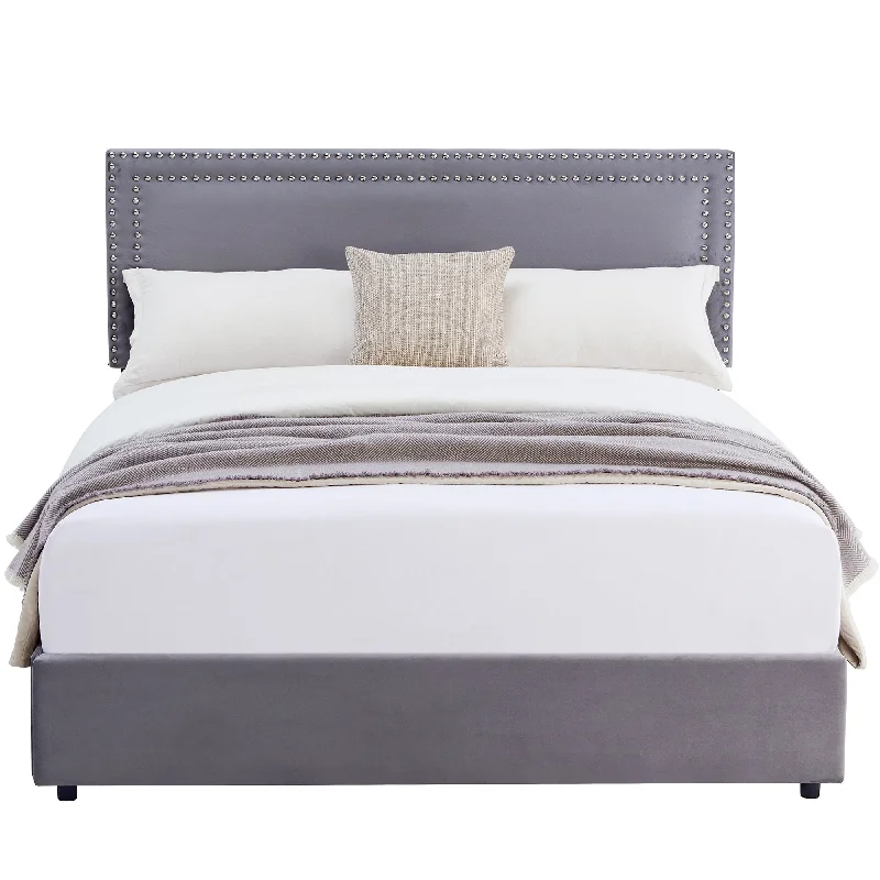 Modern Upholstered Bed Frame with 4 Storage Drawers, Platform Fabric Bed with Button Tufted Headboard