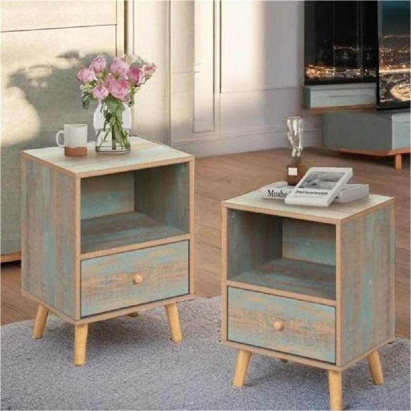 Modern Wood Low Bedside Table with Drawer and Shelf (Set of 2)