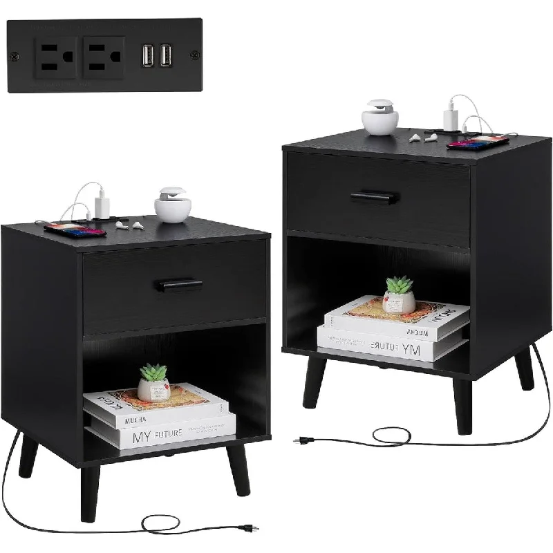 Nightstand Set of 2 with Charging Station Bedside 15.7"D x 17.7"W x 22.8"H