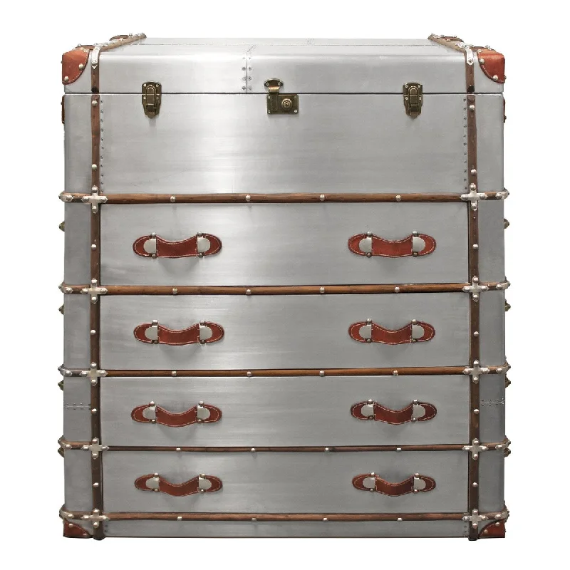 Pilot 4-Drawer Chest in Silver Aluminum Cladding with Leather Pulls