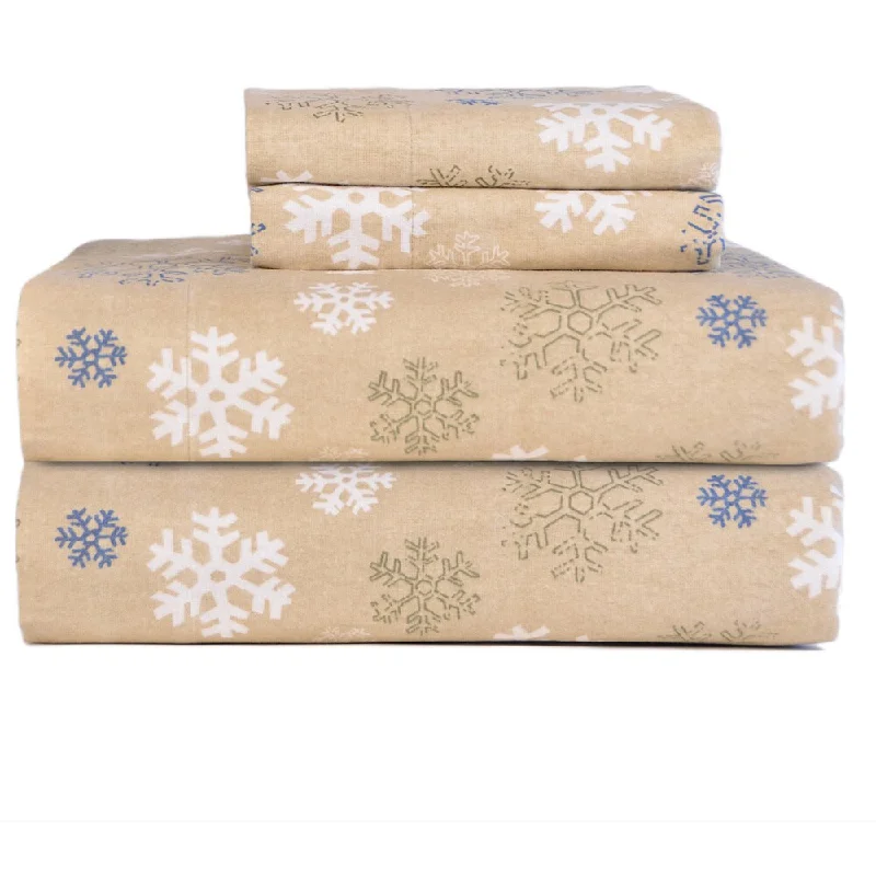 Pointehaven Snowflakes Oatmeal Printed Heavyweight Flannel Bed Sheet Set