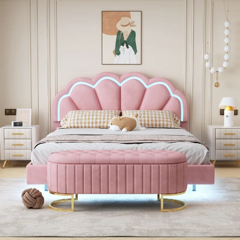 Queen Velvet Upholstered Platform Bed w/Storage Ottoman & LEDs, Pink