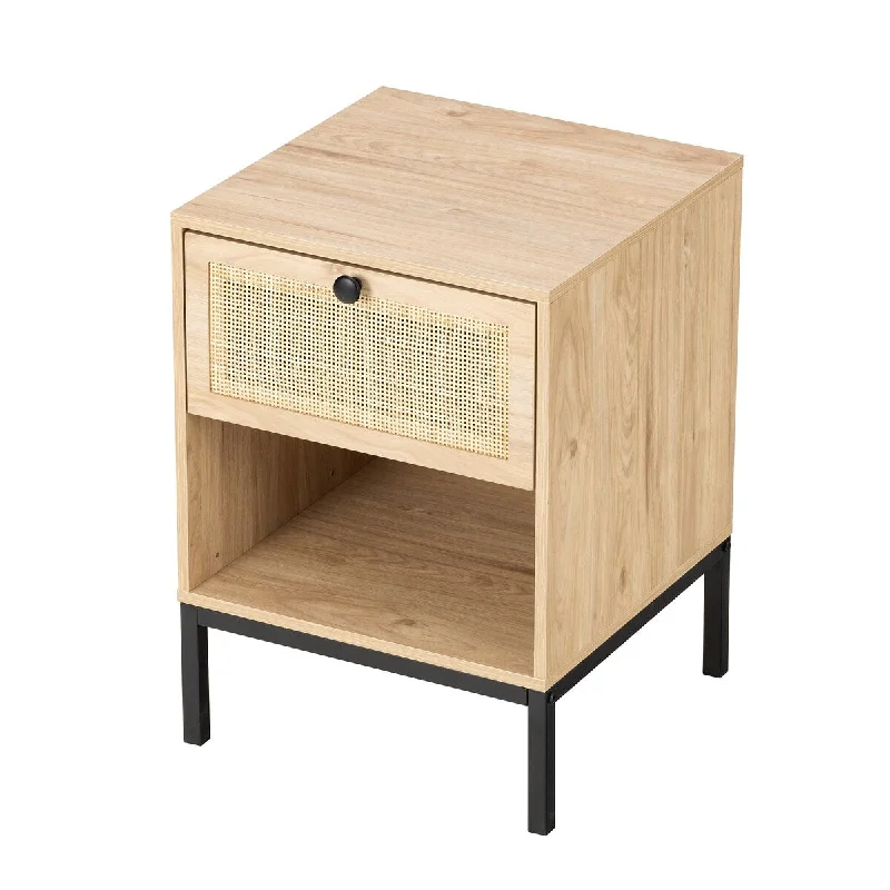 Rattan Twinset Bedside Stand and Nightstand Cabinet with Drawer - 2pcs - Natural Rattan - MDF - Metal Base - Multi-functional