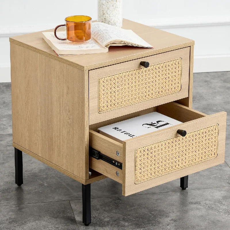 Retro Square Design Wooden MDF Board Imitation Rattan Bedside Table - Easy Assembly, Anti-slip Pads - Versatile & Space-saving