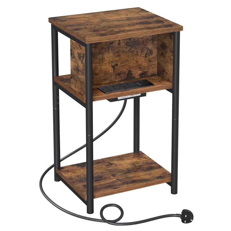 River Side Table With Charging Station, Narrow Bedside Table With 2 AC Outlets 2 USB Outlets, 30 X 34 X 58 Cm, For Living Room, Bedroom, Rustic Brown And Black