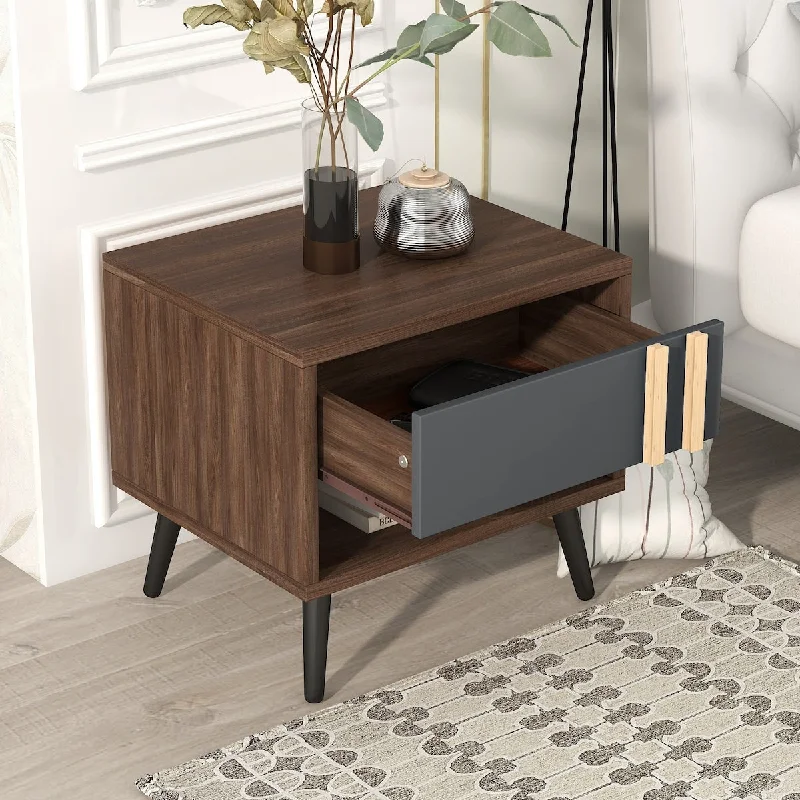 Rustic Gray+Walnut Wooden Nightstand End Table for Bedroom - Drawers for Space-Saving & Versatile Use