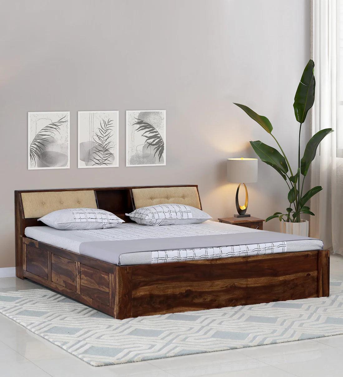 Sheesham Wood King Size Bed In Scratch Resistant Rustic Teak Finish With Box Storage