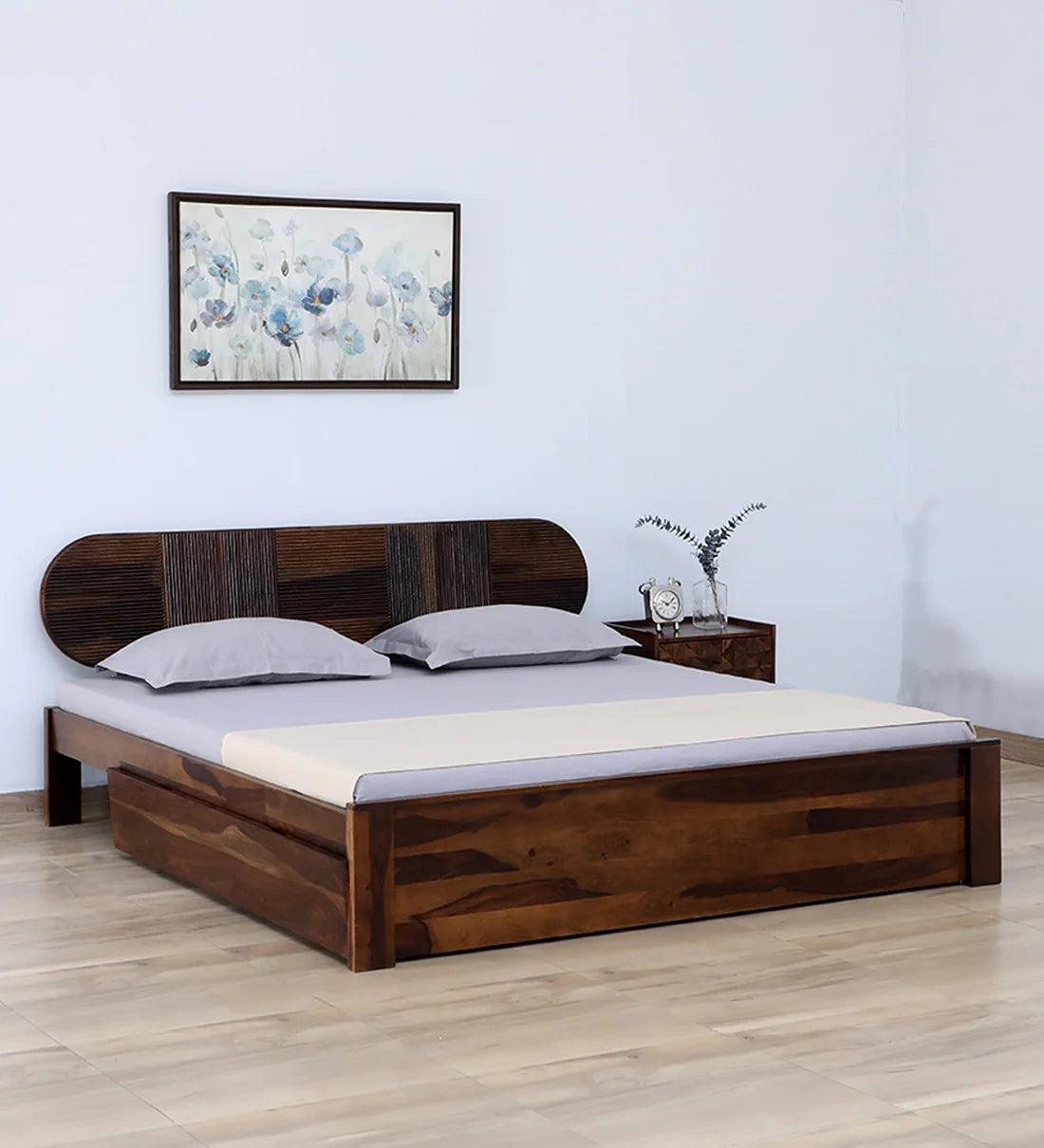 Sheesham Wood King Size Bed With Drawer Storage In Scratch Resistant Teak Finish