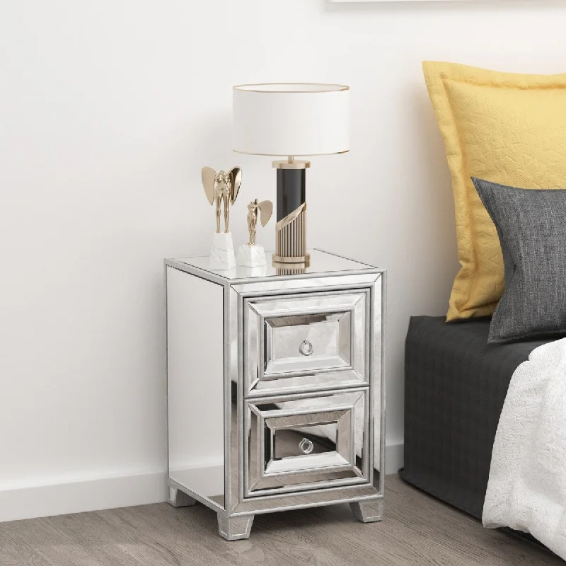 Silver Mirrored Nightstand with Large Capacity - End Table for Bedroom and Living Room - Includes Velvet Drawer and Metal Handle