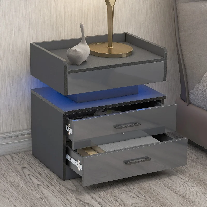 Sleek MDF Nightstand with 2 Drawers, 2 USB Ports, Plug Outlets & LED Light - Bedside Storage & End Table for Modern Homes