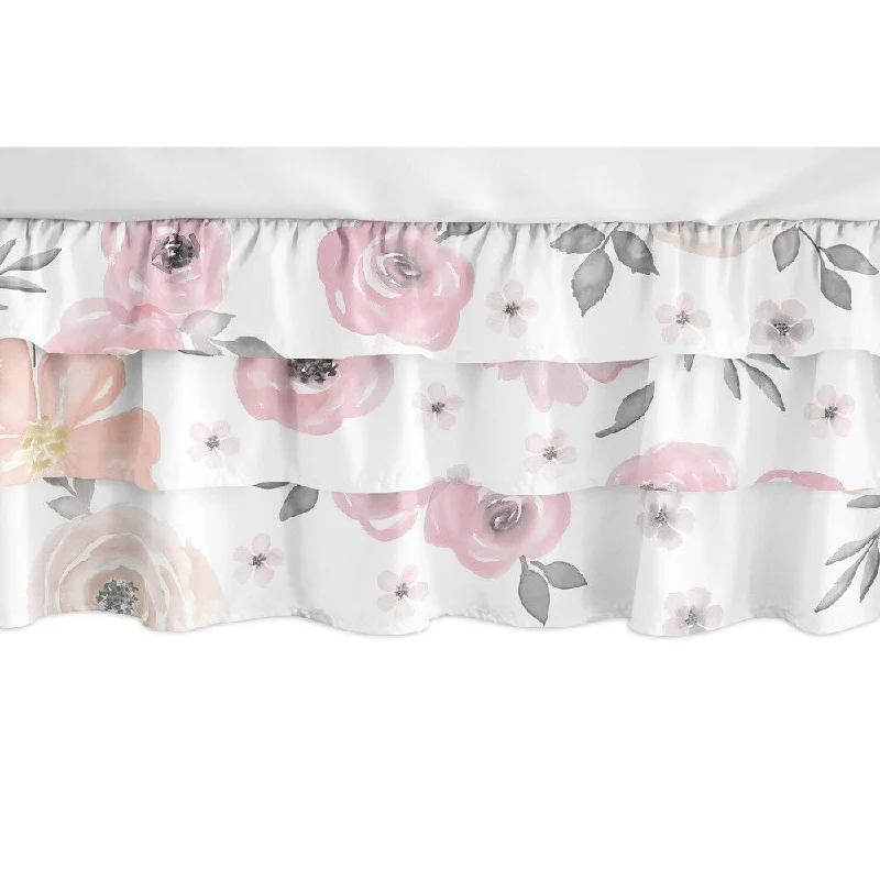 Sweet Jojo Designs Blush Pink and Grey Shabby Chic Watercolor Floral Girl Collection 3 Tiered Ruffled Crib Bed Skirt