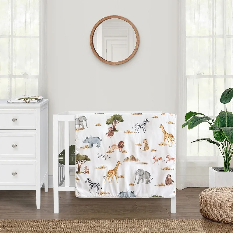 Sweet Jojo Designs Jungle Animals Boy Girl Gender Neutral Unisex 3p Mini Crib Bedding Set Dark Hunter Green Safari Elephant Lion