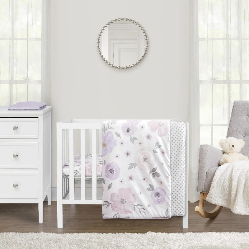 Sweet Jojo Designs Lavender Purple Boho Floral Girl 3p Mini Crib Bedding Set Pink Grey Bohemian Farmhouse Shabby Chic Watercolor