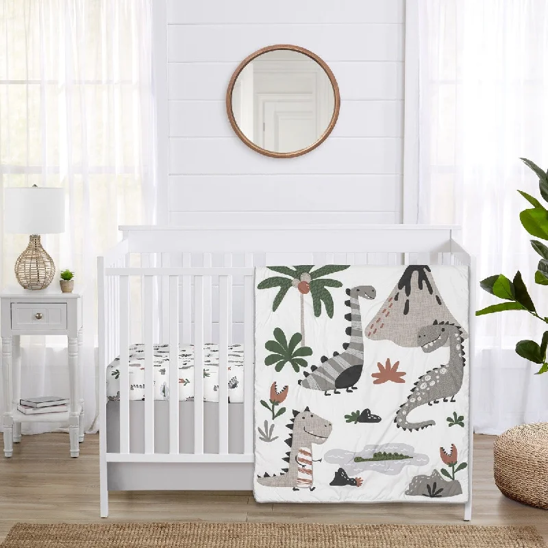 Sweet Jojo Designs Modern Dinosaurs Boy Girl Gender Neutral 3p Nursery Crib Bedding Set Beige Grey Dino Reptile Trex Taupe Green